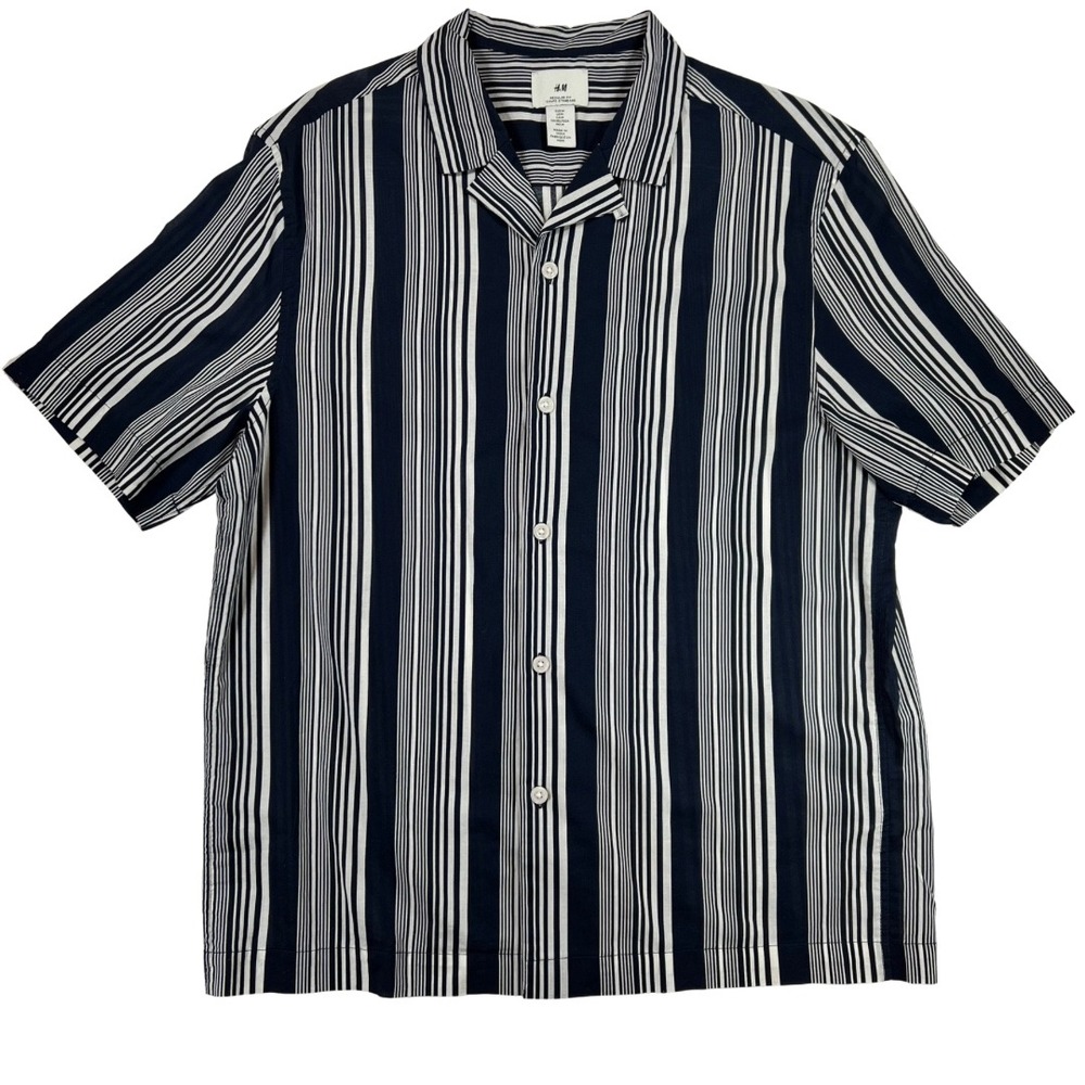 H&M Mens Medium Striped Shirt Navy White‎ Short Sleeve Button Up Cotton